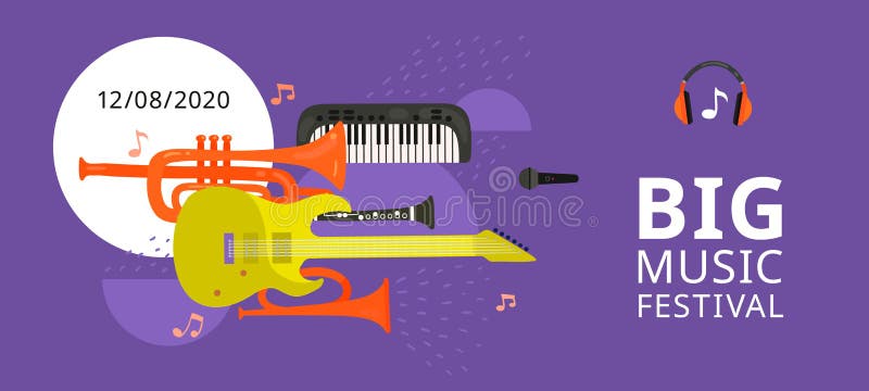Music festival. Musical concert, events flyer. Colour digital web banner with guitar and piano. Summer jazz royalty free illustration Music festival. Musical concert, events flyer. Colour digital web banner with guitar and piano. Summer jazz royalty free illustration