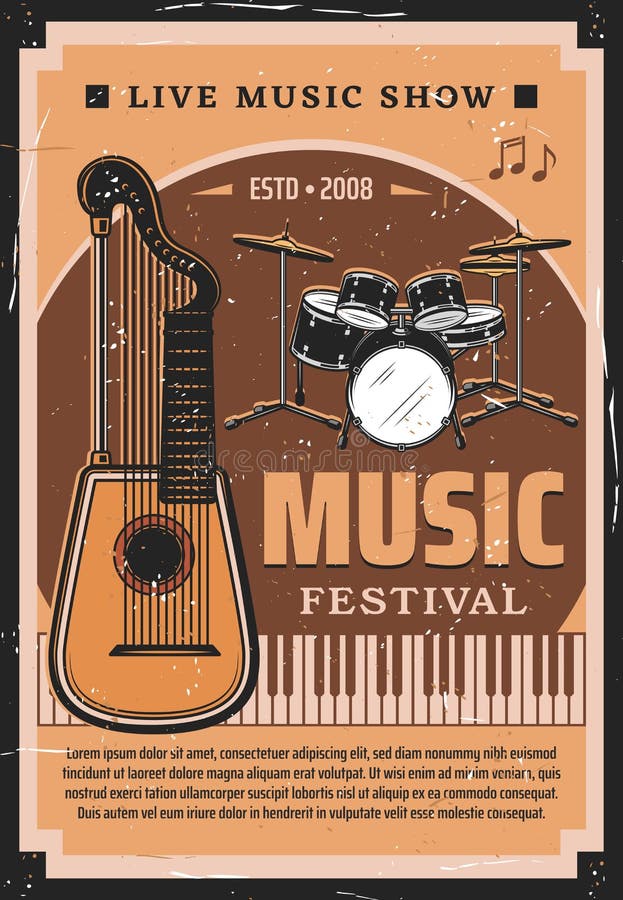 Music festival vector poster with musical instruments and notes. Drum set, piano keyboard and medieval harp guitar or lute retro invitation for live music concert, ethnic fest and musical show. Music festival vector poster with musical instruments and notes. Drum set, piano keyboard and medieval harp guitar or lute retro invitation for live music concert, ethnic fest and musical show