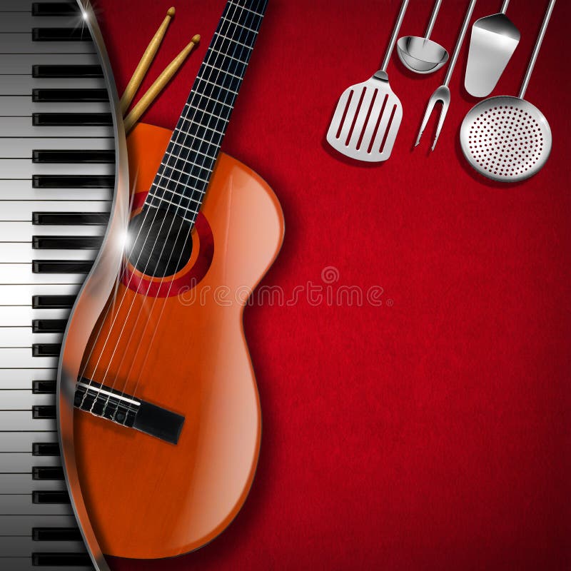 Red velvet background with kitchen utensils, acoustic guitar, piano keyboard and drum sticks. Template for food menu and a musical event. Red velvet background with kitchen utensils, acoustic guitar, piano keyboard and drum sticks. Template for food menu and a musical event