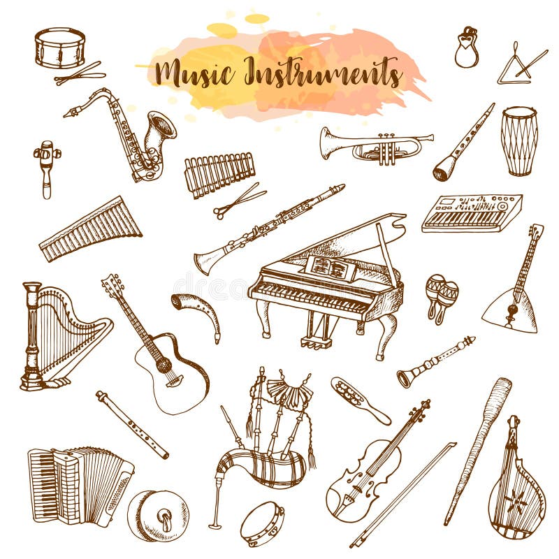 Music Instruments, Hand drawn illustration in doodle style. Vintage piaono, violin, guitar and saxophone. Big musical stock illustration Music Instruments, Hand drawn illustration in doodle style. Vintage piaono, violin, guitar and saxophone. Big musical stock illustration