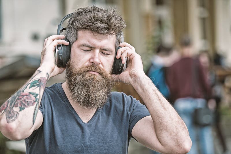 Music Lover Concept. Man with Long Beard and Mustache with Wireless ...