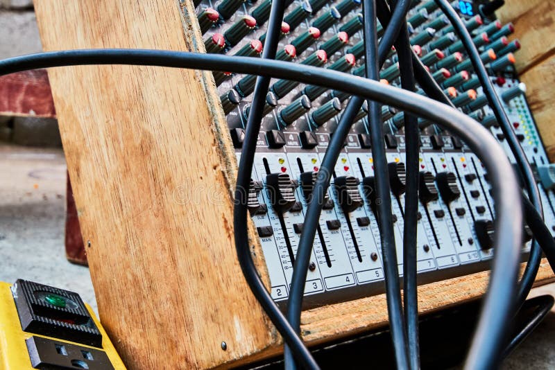 Music Mixer at Concert with Connected Wires in Box Stock Photo Image