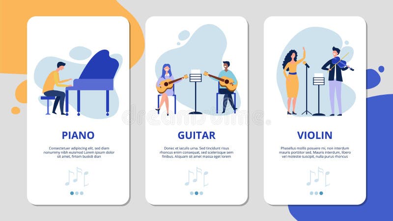 Music mobile app pages. Piano violin guitar vocal vector concept. Flat musicians and singer, musical instruments banners