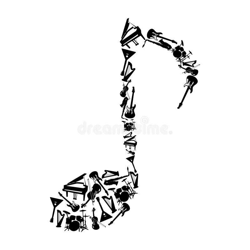 Music note including musical instruments. Vector stock illustration