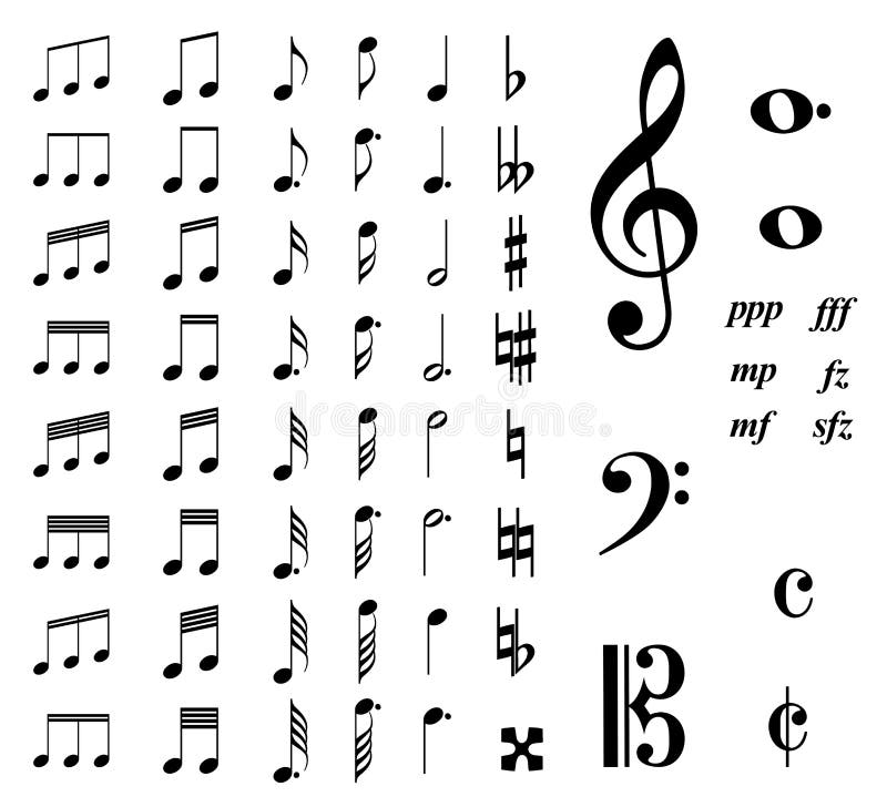 Raccolta di illustrazioni di diverse note musicali isolato in bianco.