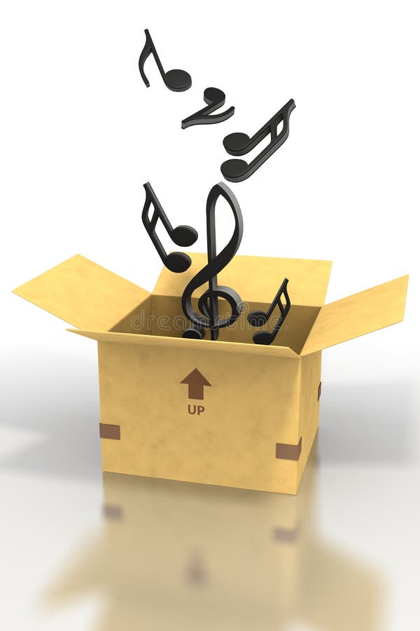 Music notes floating out of cardboard box