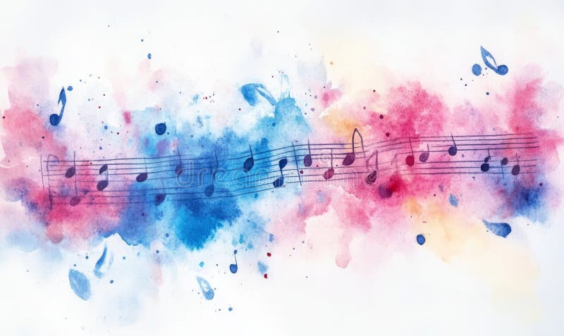 Music notes, painted on grunge watercolor paint splashes stock illustration