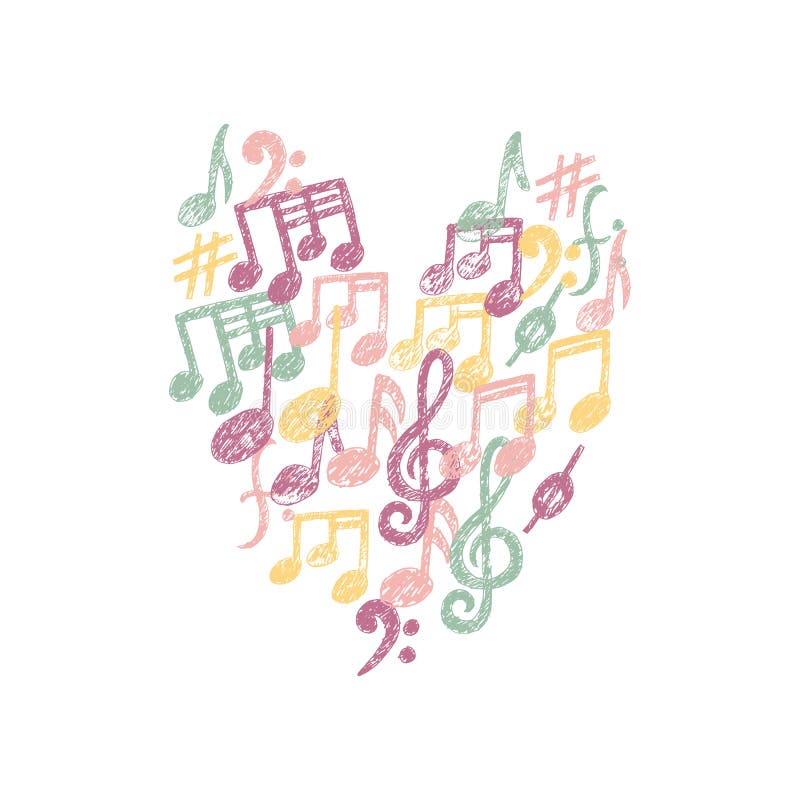 Vector Music Notes pattern in a Heart shape. Cute Music Keys t-shirt print, romantic card, love message. Printable