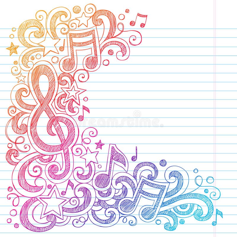 Le Note di musica G Clef Vettoriale di Tornare a Scuola Abbozzato Notebook Doodles con le Note Musicali e le Volute Disegnati a Mano Illustrazione Vettoriale sul Foderato Sketchbook Sfondo di Carta.