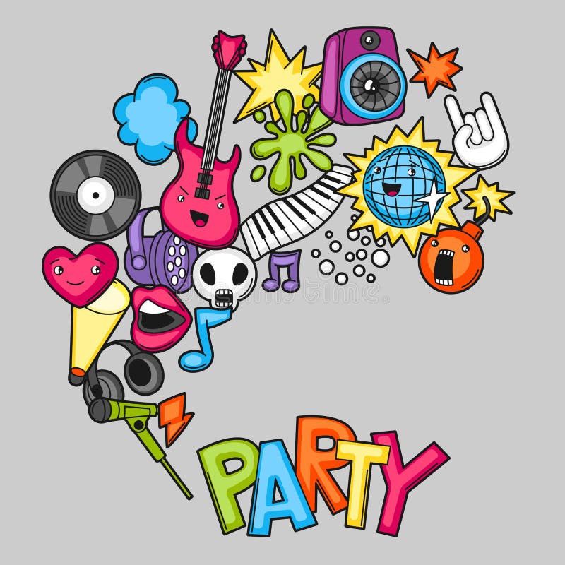 Music party kawaii background. Musical instruments, symbols and objects in cartoon style