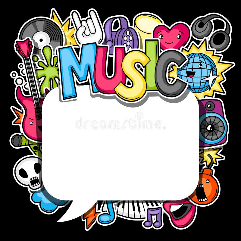 Music party kawaii background. Musical instruments, symbols and objects in cartoon style