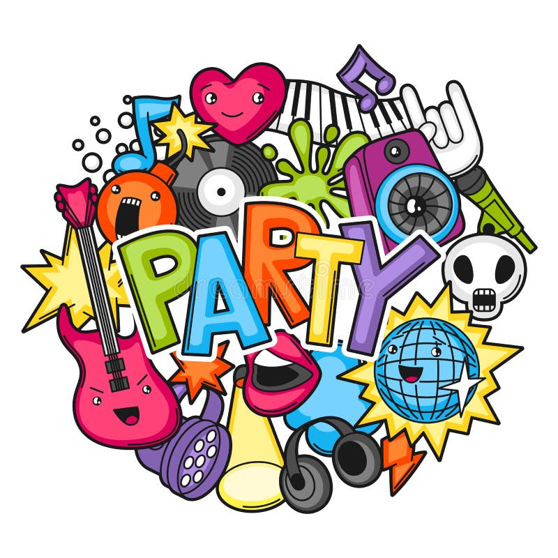 Music party kawaii design. Musical instruments, symbols and objects in cartoon style
