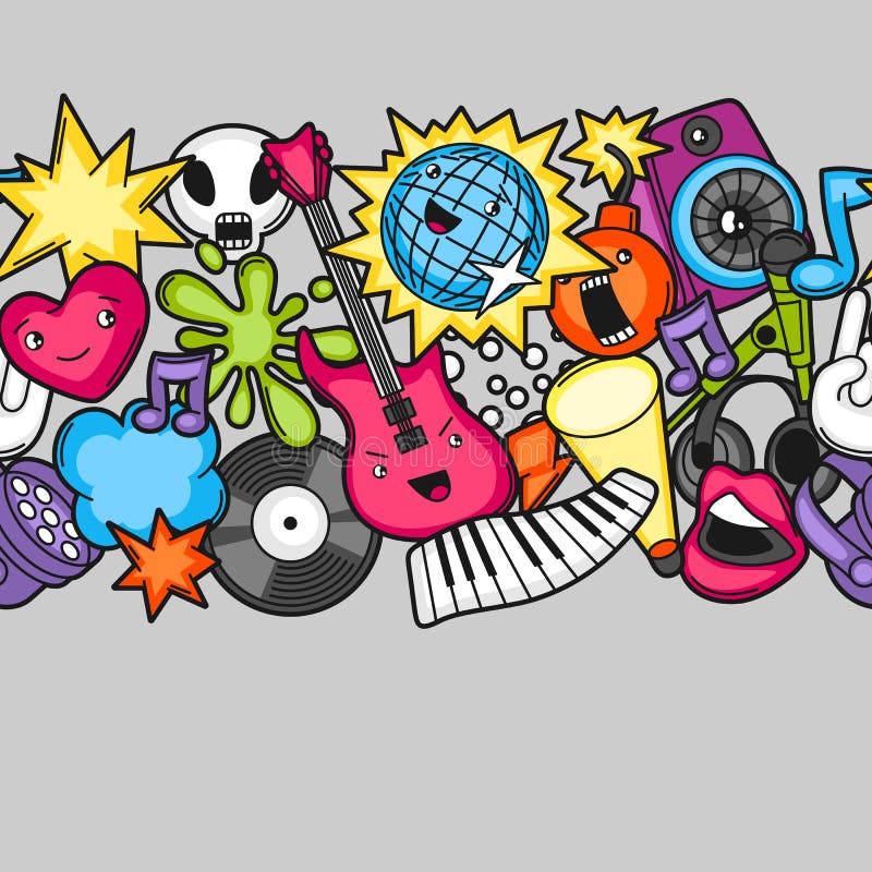 Music party kawaii seamless pattern. Musical instruments, symbols and objects in cartoon style