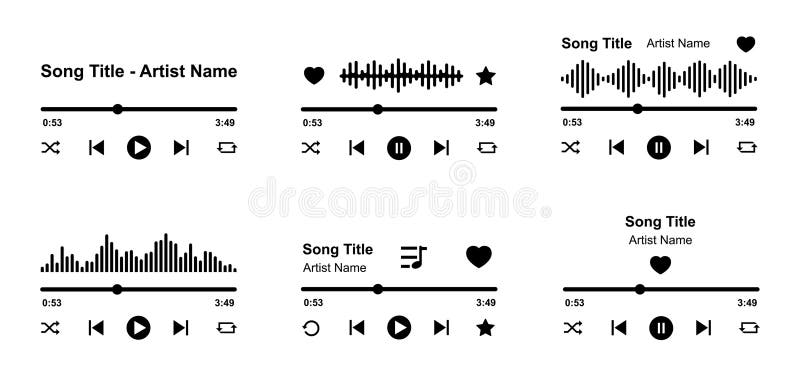 Music player interface set, music player buttons, modern playback of music application, mockup live stream media window stock illustration
