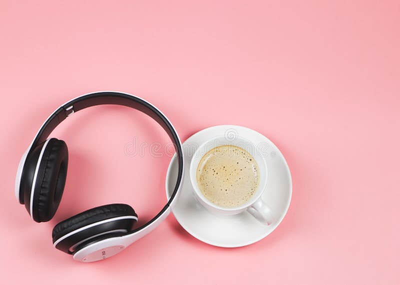 Music or Podcast Background with Headphones and Cup of Coffee on Pink  Background, Flat Lay. Top View, Flat Lay Stock Image - Image of ambient,  hear: 187998745