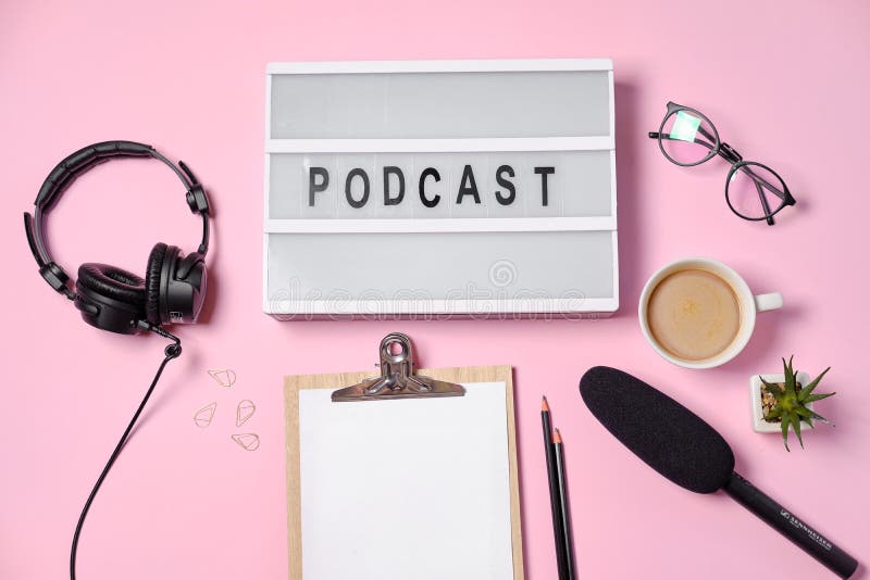 Music or Podcast Background with Headphones, Microphone, Coffee and Blank  on Pink Table, Flat Lay. Top View, Flat Lay Stock Photo - Image of digital,  copy: 143369752