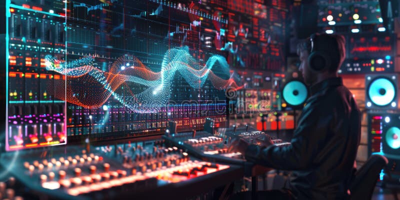 Producător de muzică cu hologramă Aig60 în studioul Hightech stock illustration