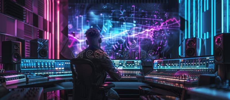 Producător de muzică cu hologramă Aig60 în studioul Hightech vector illustration