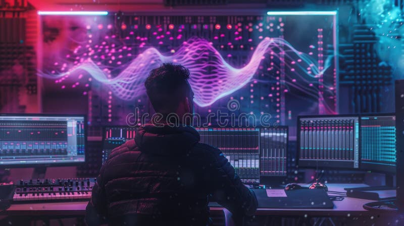 Producător de muzică cu hologramă Aig60 în studioul Hightech stock illustration
