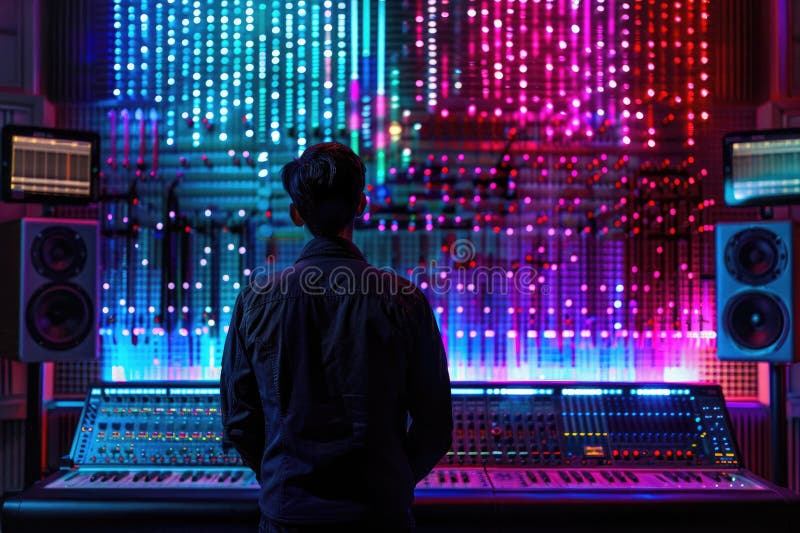 Producător de muzică cu AI în studioul modern de înregistrare aig60. Un producător de muzică într-un studio modern de înregistrări cu un asistent de ajutor ca format digital care oferă feedback privind compoziția. echipamente de sunet în fundal. aig60 ai generat