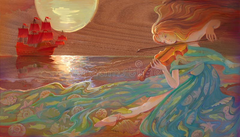 Music of the sea. Oil painting on wood. Illustration of beautiful girl dancing with the violin and dreaming about fairyland red