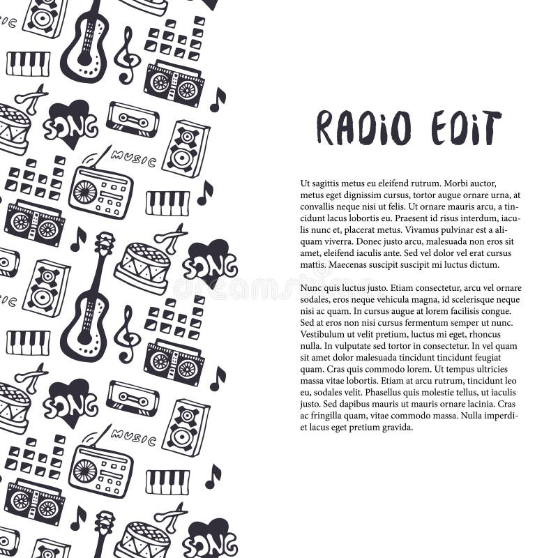 Music seamless border with musical instruments and hand drown sound stuff. Template for flyer, banner, poster, brochure, cover royalty free illustration Music seamless border with musical instruments and hand drown sound stuff. Template for flyer, banner, poster, brochure, cover royalty free illustration