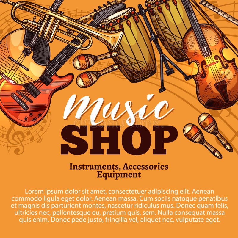 Music shop sketch poster of musical instruments and accessories. Vector rock guitar or folk banjo ukulele and orchestra violin fiddle and contrabass or jazz saxophone and maracas or djembe drum. Music shop sketch poster of musical instruments and accessories. Vector rock guitar or folk banjo ukulele and orchestra violin fiddle and contrabass or jazz saxophone and maracas or djembe drum