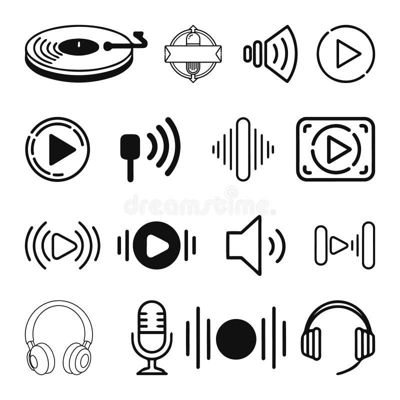 Music and sound icon set. Containing play and pause button, microphone, speaker, equalizer, recording royalty free illustration