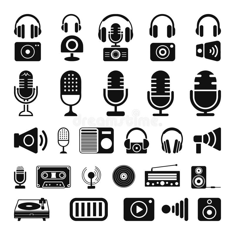 Music and sound icon set. Containing a play and pause button, microphone, speaker, equalizer, recording disk royalty free illustration