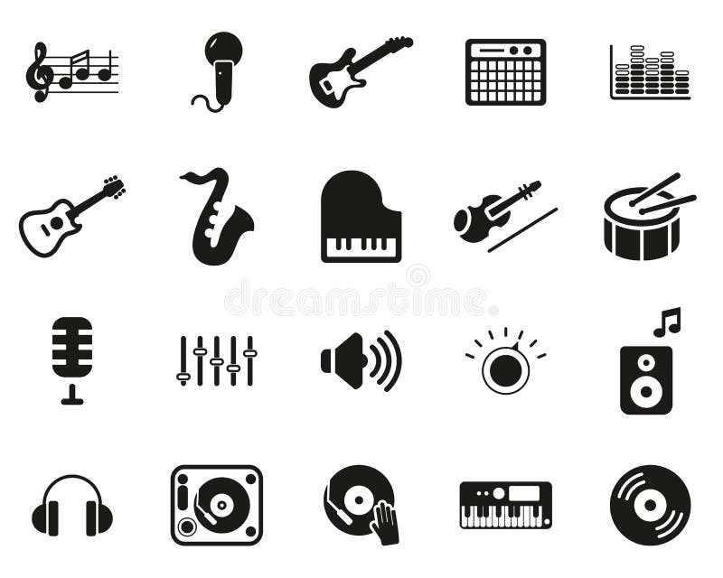 Music or Music Studio Equipment Icons Black & White Set Big Stock Vector Illustration of