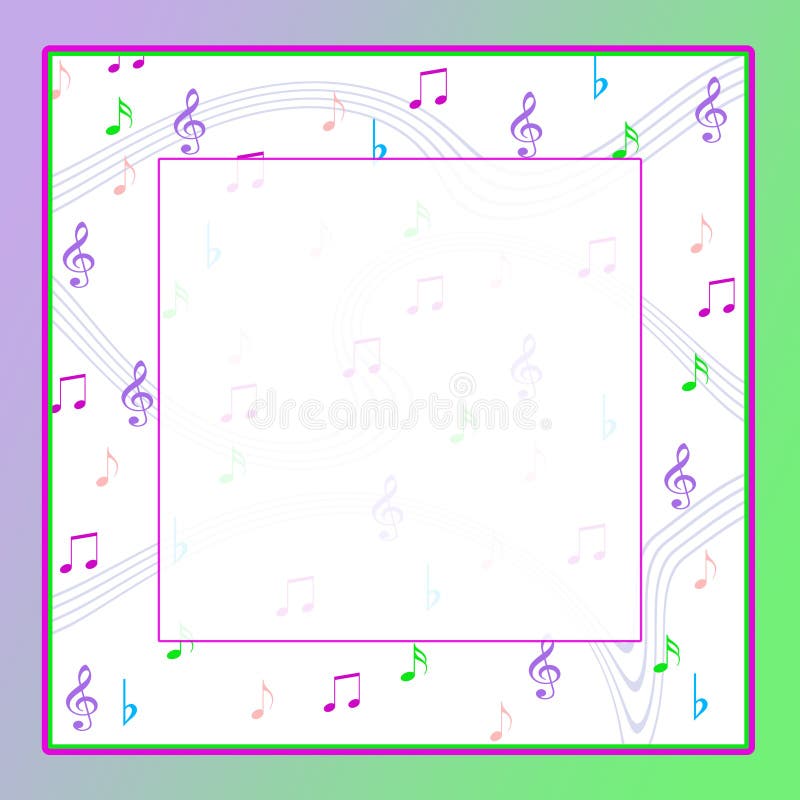 Illustration background wih musical noes in pastels and text area in center. Green, purple, lavenders, blue, green. Illustration background wih musical noes in pastels and text area in center. Green, purple, lavenders, blue, green