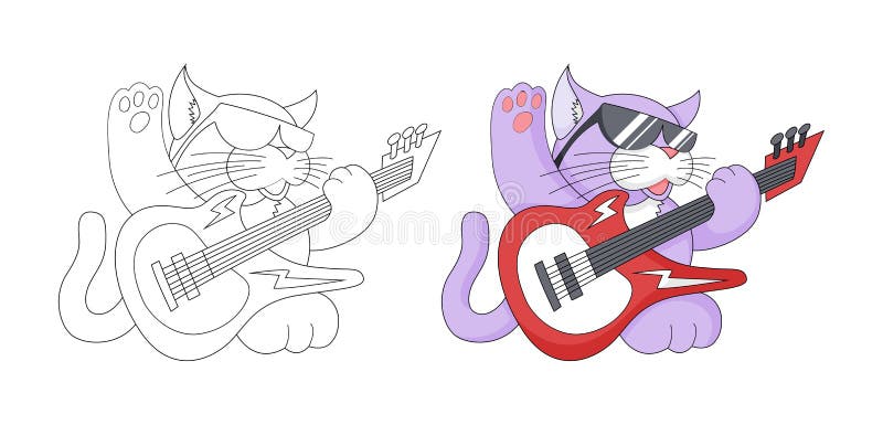 Musical Cartoon Animal. Childish Cat with Guitar. Coloring Book Page for  Kids Stock Vector - Illustration of cool, music: 148385471