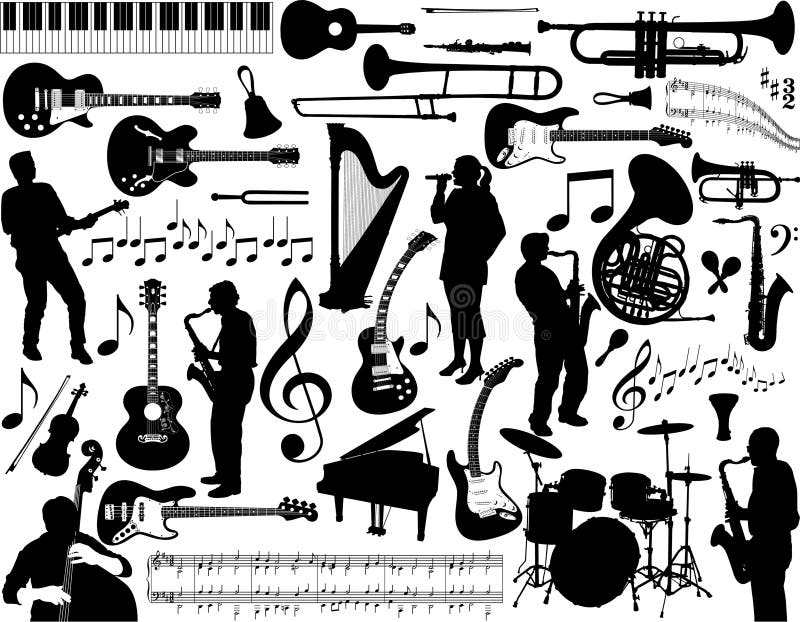 Un'illustrazione che coprono una vasta gamma di musicisti, cantanti, strumenti e notazione in staglia forma.