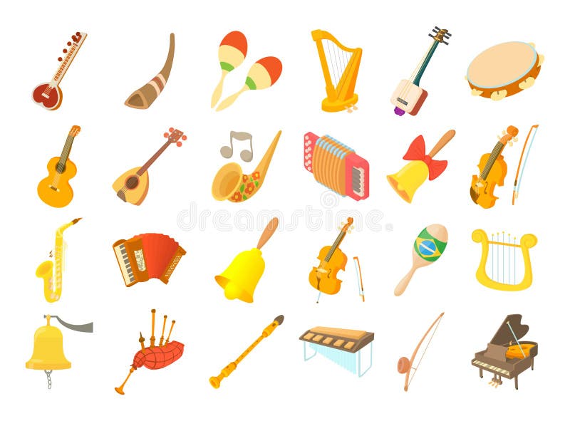 Musical instrument icon set, cartoon style