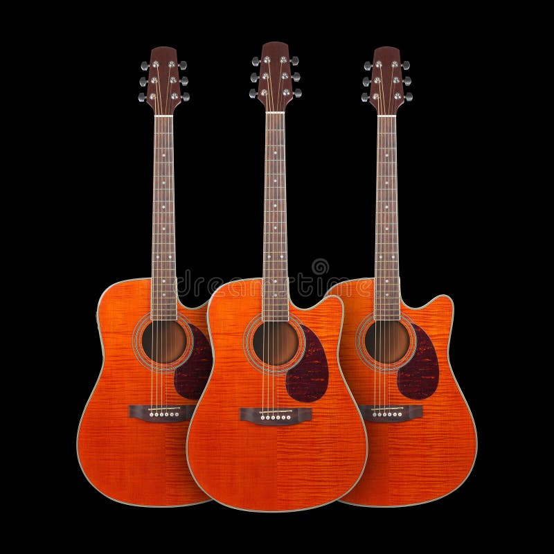 Musical instrument - Three orange Flame maple cutaway acoustic g stock image