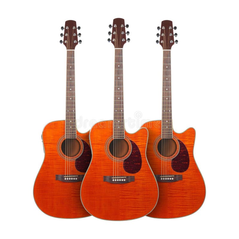 Musical instrument - Three orange Flame maple cutaway acoustic g stock images