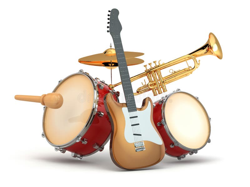 Musical Instruments. Guitar, Drums and Trumpet Stock Illustration