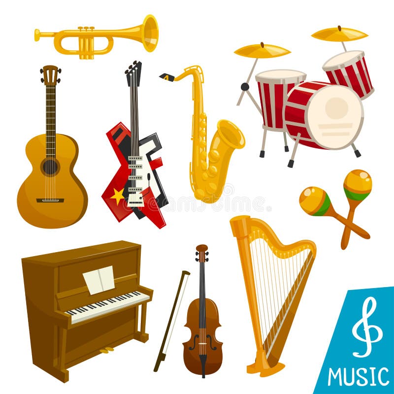 Guitar, piano and saxophone vector isolated musical instrument icons. Set of harp and sax, drum station and cymbals or maracas, fiddle violin and trombone horn or trumpet for orchestra or jazz music. Guitar, piano and saxophone vector isolated musical instrument icons. Set of harp and sax, drum station and cymbals or maracas, fiddle violin and trombone horn or trumpet for orchestra or jazz music