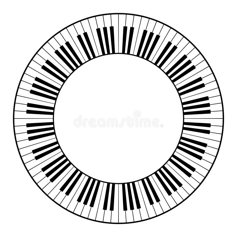 Musical keyboard with twelve octaves, circle frame and decorative border