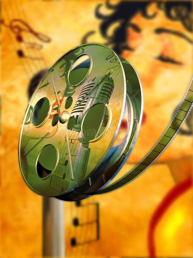 A composition representing a film roll with a reflected image of a woman singing at the foreground of that same blur image. It can be used as indication of the movie genre, in a movie catalog, in a web page or newspaper, or on a DVD/Blu Ray cover, or a poster for a musical movie festival. Woman singing illustrations