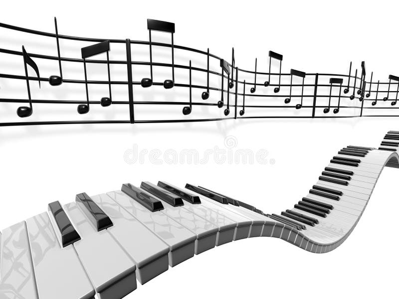 Eine musikalische Partitur winken und biegen hinter einigen piano-Tasten, die über einen weißen hintergrund.