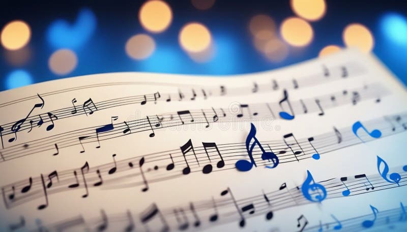 Musical notes on the blue background with bokeh effect. Generative AI stock illustration