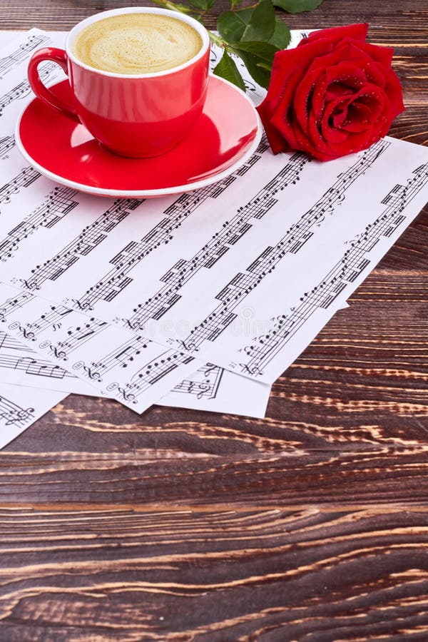 Musical Notes, Cup and Red Rose. Stock Photo Image of design
