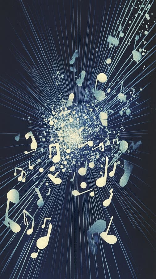 Musical notes exploding in cosmic light burst vector illustration