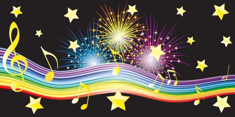 Musical notes, stars and fireworks.