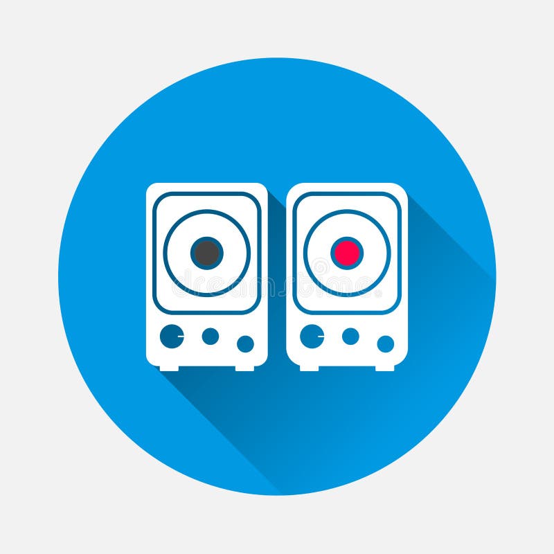Musical stereo speakers vector icon on blue background. Flat image The stereo speaker is turned on and off with long shadow. royalty free illustration Musical stereo speakers vector icon on blue background. Flat image The stereo speaker is turned on and off with long shadow. royalty free illustration
