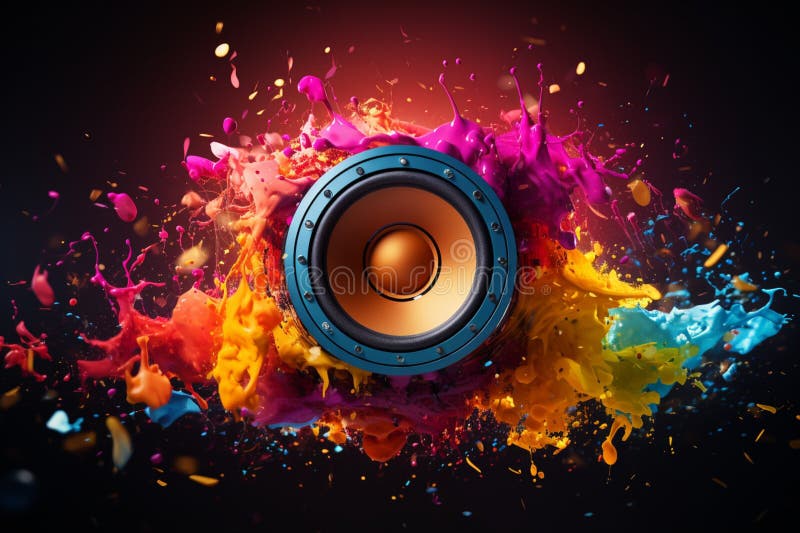 Musical vibrancy: Sound notes and vibrant hues envelop the music speaker.