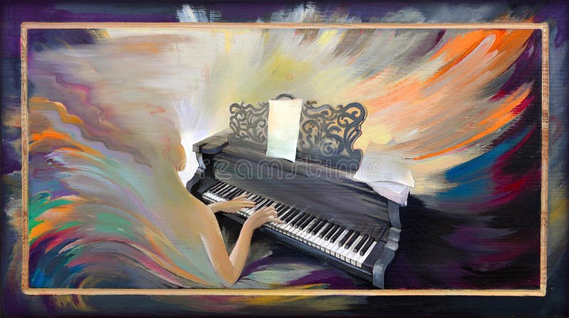 Oil painting portraits beautiful young girl playing piano & angel in landscape 