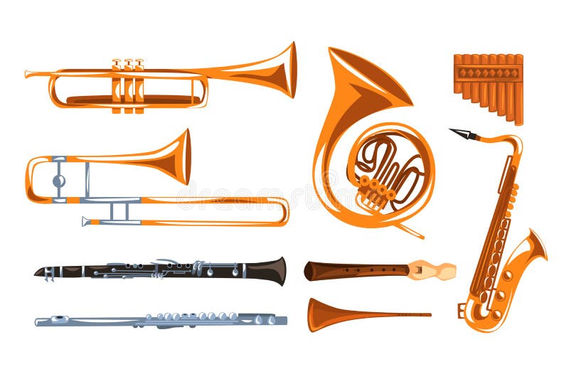 Musical wind instruments set, saxophone, clarinet, trumpet, trombone, tuba, pan flute vector Illustrations i on a white vector illustration