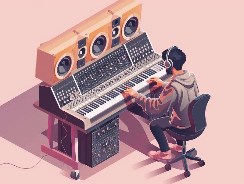 Musician creating music in a home studio setup with keyboard and mixing console royalty free illustration